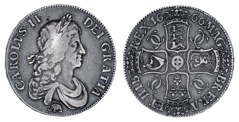 Charles II (1660-85), silver Crown, 1666, elephant below second laureate and dra...