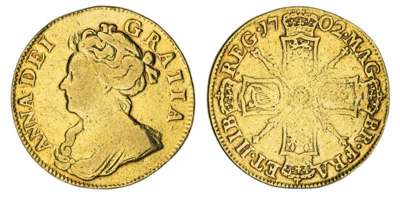 Anne (1702-14), gold Guinea, 1702, Pre-Union type, first draped bust left, Latin...