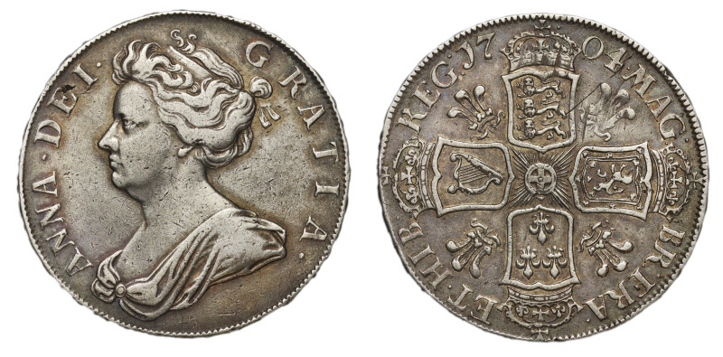 Anne (1702-14), silver Pre-Union Halfcrown, 1704, plumes reverse, first draped b...