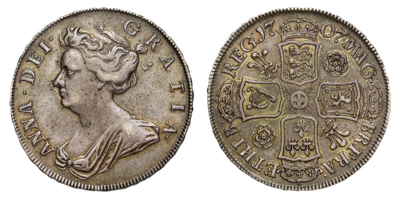 Anne (1702-14), silver Pre-Union Halfcrown, 1707, roses and plumes reverse, firs...