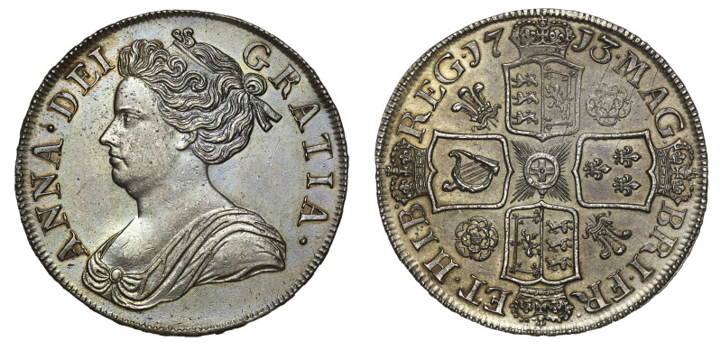 Anne (1702-14), silver Crown, 1713, third draped bust left, Latin legend and too...