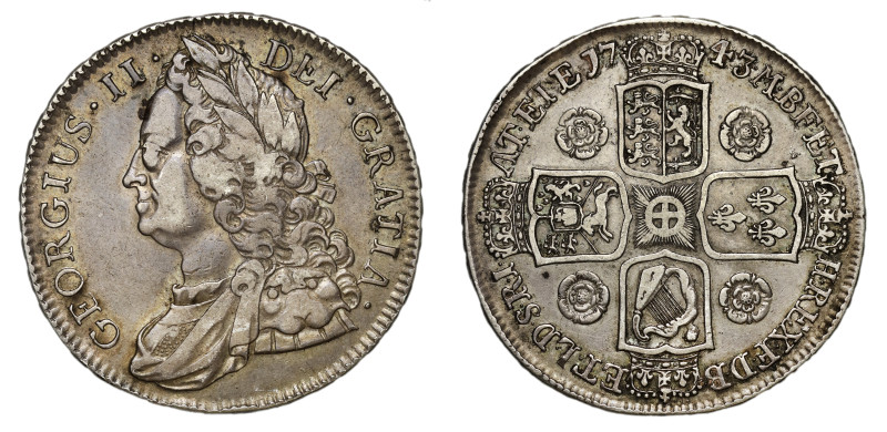 George II (1727-60), silver Crown, 1743, older laureate and draped bust left, GE...