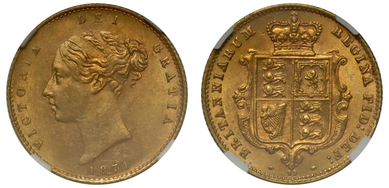 g Victoria (1837-1901), gold Half-Sovereign, 1871, second young head left, nose ...