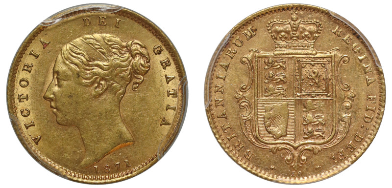 g Victoria (1837-1901), gold Half-Sovereign, 1871, second young head left, nose ...