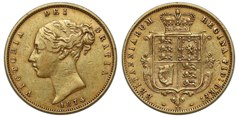 g Victoria (1837-1901), gold Half-Sovereign, 1874, third young head left, nose p...