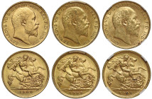 Edward VII gold Half-Sovereigns (3): 1904, 1905, 1906, with BP initials in exergue