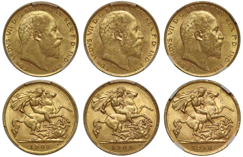 g Edward VII (1901-10), gold Half-Sovereigns (3), 1908, 1909, 1910, bare head ri...