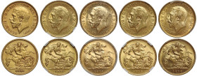 Australia George V Sydney gold Half-Sovereigns (5): 1911S, 1912S, 1914S, 1915S, 1916S