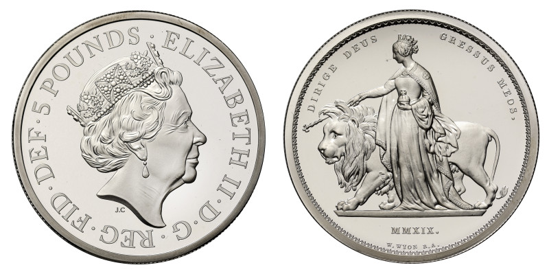 Elizabeth II (1952-2022), silver proof Two Ounces of Five Pounds, 2019, Una and ...