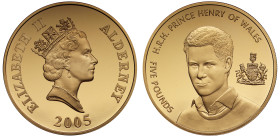Elizabeth II 2005 gold proof Five Pounds 21st Birthday of HRH Prince Henry of Wales Alderney
