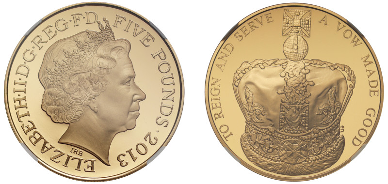g Elizabeth II (1952-2022), gold proof Five Pounds, 2013, struck to commemorate ...
