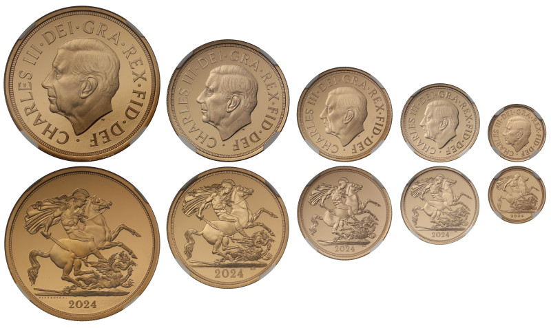 g Charles III (2022-), gold proof 5-coin Set, 2024, consisting of Five-Pounds, T...