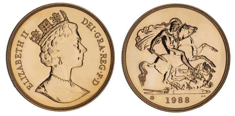 g Elizabeth II (1952-2022), gold Five Pounds, 1988, bust right, RDN incuse on tr...