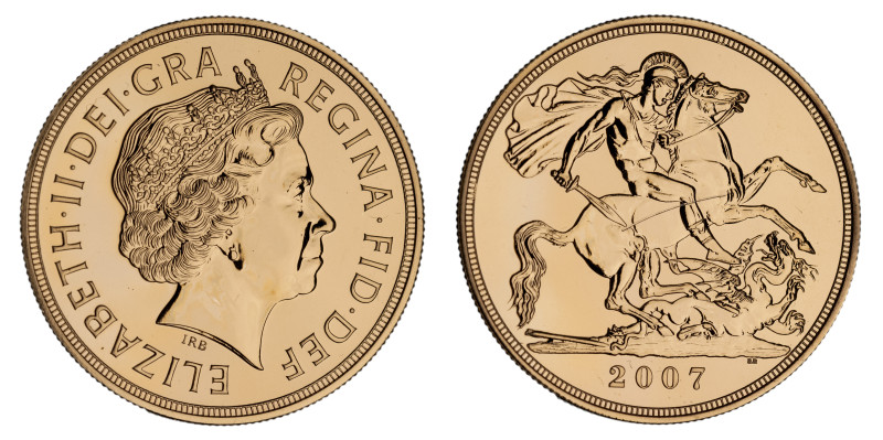 g Elizabeth II (1952-2022), gold Five-Pounds, 2007, crowned head right, IRB init...
