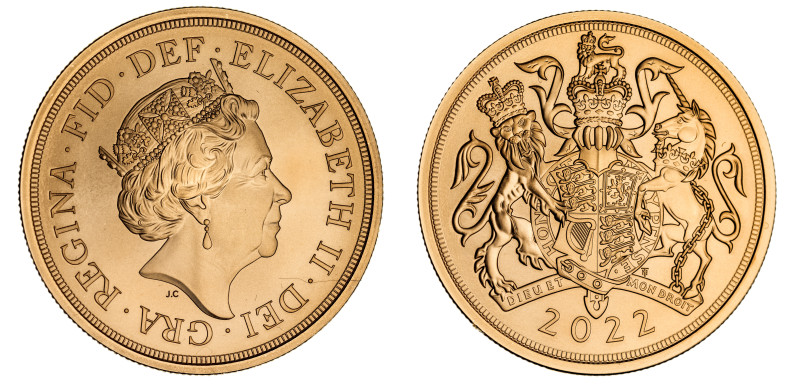 g Elizabeth II (1952-2022), BU gold matte Five Pounds, 2022, Platinum Jubilee is...
