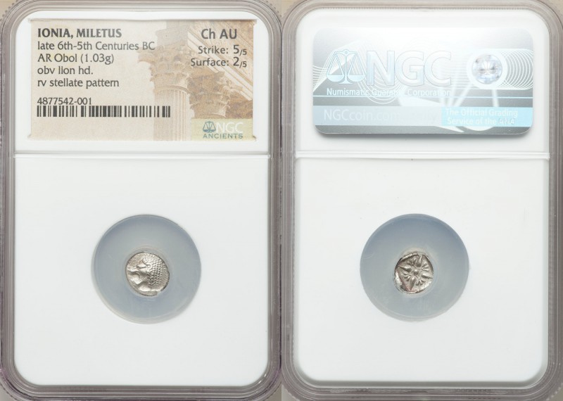 IONIA. Miletus. Ca. late 6th-5th centuries BC. AR obol (9mm, 1.03 gm). NGC Choic...