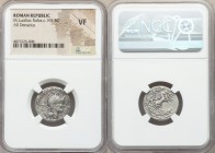 M. Lucilius Rufus (ca. 101 BC). AR denarius (19mm, 11h). NGC VF. Rome. Head of Roma right, wearing winged helmet decorated with griffin crest; PV in l...