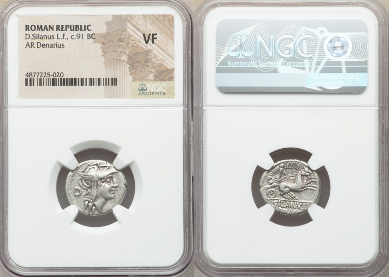 D. Silanus L.f. (ca. 91 BC). AR denarius (18mm, 12h). NGC VF. Rome. Head of Roma...
