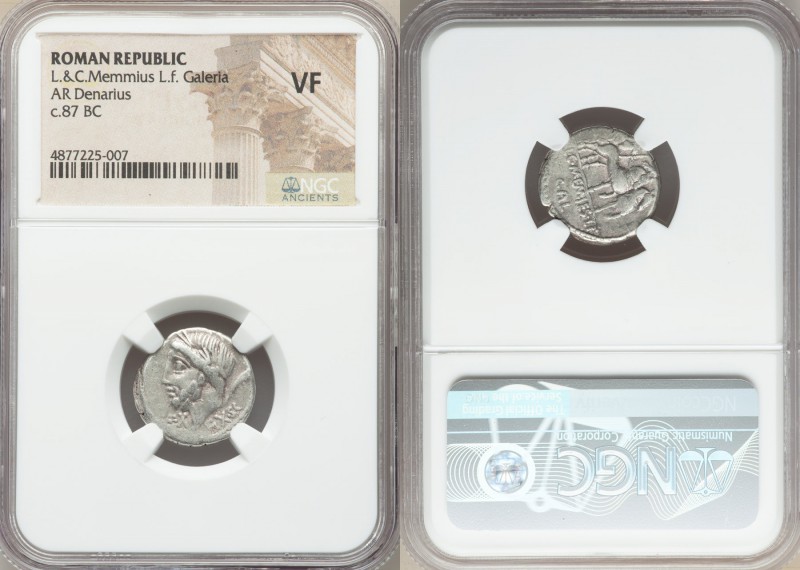 L. and C. Memmius L.f. Galeria (ca. 87 BC). AR denarius (17mm, 9h). NGC VF. Rome...