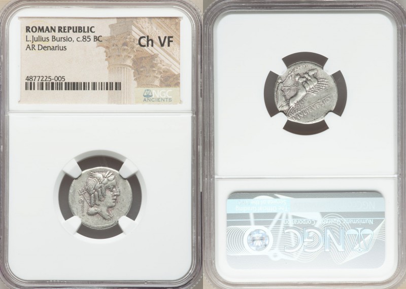 L. Julius Bursio (ca. 85 BC). AR denarius (18mm, 5h). NGC Choice VF. Rome. Laure...