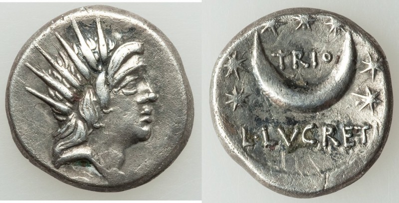 L. Lucretius Trio (ca. 74 BC). AR denarius (17mm, 3.70 gm, 2h). Choice VF. Rome....