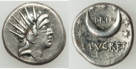 L. Lucretius Trio (ca. 74 BC). AR denarius (17mm, 3.70 gm, 2h). Choice VF. Rome. Radiate head of Sol right / TRIO / L•LVCRETI, crescent moon surrounde...
