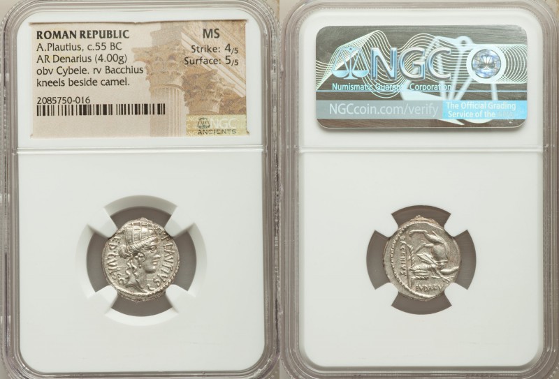 A. Plautius Aed. Cvr (ca. 55 BC). AR denarius (18mm, 4.00 gm, 3h). NGC MS 4/5 - ...