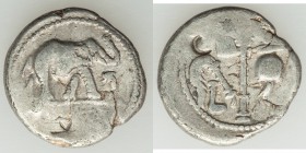 Julius Caesar, as Dictator (49-44 BC). AR denarius (19mm, 3.41 gm, 6h). Fine, bankers marks, edge chip. Military mint traveling with Caesar in norther...