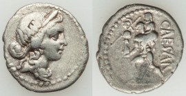 Julius Caesar, as Dictator (49-44 BC). AR denarius (19mm, 3.60 gm, 6h). About VF, bankers mark. Military mint moving with Caesar in North Africa, 48-4...