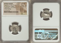 Augustus (27 BC-AD 14). AR denarius (19mm, 3.86 gm, 6h). NGC Choice AU 4/5 - 4/5. Lugdunum, ca. 15-13 BC. AVGVSTVS-DIVI•F, bare head of Augustus right...