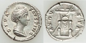 Diva Faustina Senior (AD 138-140/1). AR denarius (18mm, 3.50 gm, 5h). Choice XF. Rome, after AD 141. DIVA-FAVSTINA, draped bust of Diva Faustina Senio...