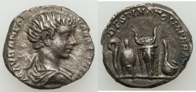 Caracalla, as Caesar (AD 198-217). AR denarius (16mm, 3.14 gm, 1h). AU. Rome, ca. AD 196-198. M AVR ANTON-CAES PONTIF, bare headed, draped bust of Car...
