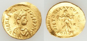 Anastasius I (AD 491-518). AV tremissis (15mm, 1.50 gm, 7h). Choice AU, edge mark, bent. Constantinople, AD 492-518. D N ANASTA-SIVS P P AVG, pearl-di...
