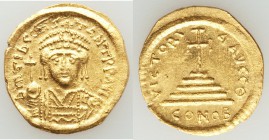 Tiberius II Constantine (AD 578-582). AV solidus (21mm, 4.31 gm, 6h). AU, clipped. Constantinople, 9th officina, AD 579-582. d m TIb CONS-TANT P P AVI...