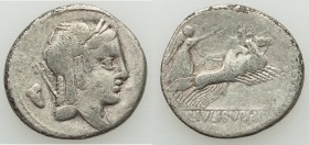 ANCIENT LOTS. Roman Republic. Ca. 85-65 BC. Lot of two (2) AR denarii. Fine-VF, deposits, edge mark. Includes: L. Julius Bursio (ca. 85 BC), Victory i...