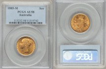 Victoria gold "Shield" Sovereign 1885-M AU58 PCGS, Melbourne mint, KM6. From the Lake County Collection

HID09801242017