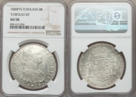 Charles IV 8 Reales 1808 PTS-PJ AU58 NGC, Potosi mint, KM73. Reverse is quite nice, with overall luster on both sides light scratch that runs across c...