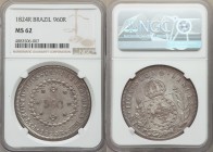 Pedro I 960 Reis 1824-R MS62 NGC, Rio de Janeiro mint, KM368.1. Lavender-gray surfaces with peripheries accented by neon blue highlights. 

HID0980124...