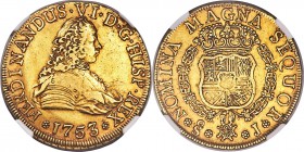 Ferdinand VI gold 8 Escudos 1753 So-J AU50 NGC, Santiago mint, KM3, Onza-647. Handsomely toned with partial underlying luster beneath the orange-peel ...