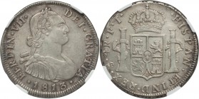 Ferdinand VII 4 Reales 1813 So-FJ AU53 NGC, Santiago mint, KM67. Inverted "J" on assayers mark. Attractively toned, with light handling commensurate w...