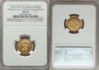 Republic gold Escudo 1833/2-RU AU58 NGC, Popayan mint, KM81.2. Rarely found so near to Mint State, some slight granularity to the fields playfully car...
