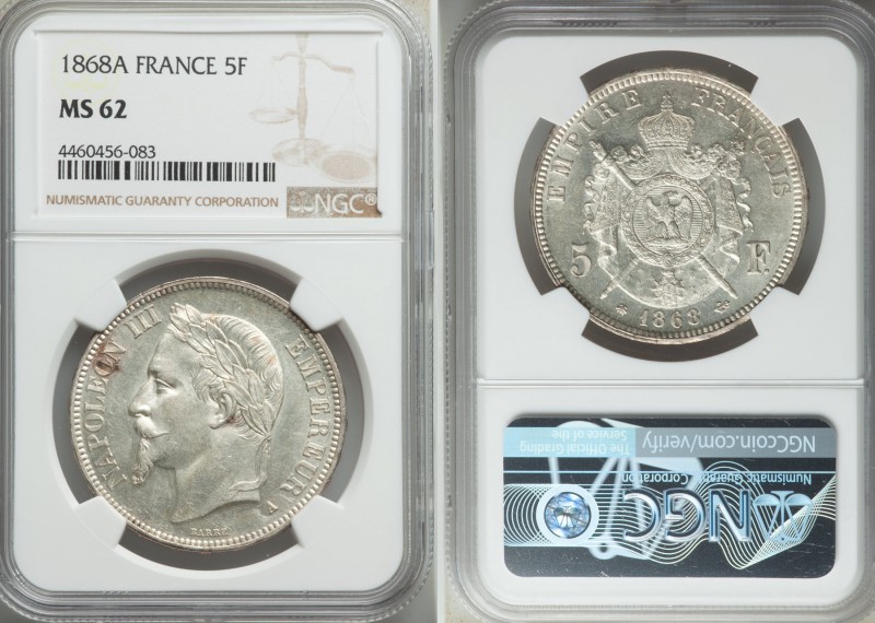 Napoleon III gold 5 Francs 1868-A MS62 NGC, Paris mint, KM799.1. 

HID0980124201...
