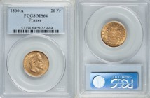 Napoleon III gold 20 Francs 1864-A MS64 PCGS, Paris mint, KM801.1. AGW 0.1867 oz.

HID09801242017