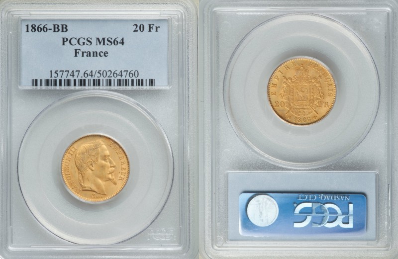 Napoleon III gold 20 Francs 1866-BB MS64 PCGS, Strasbourg mint, KM801.2. AGW 0.1...