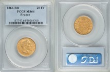 Napoleon III gold 20 Francs 1866-BB MS64 PCGS, Strasbourg mint, KM801.2. AGW 0.1867 oz. 

HID09801242017