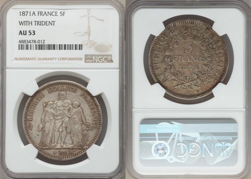Republic "Paris Commune" 5 Francs 1871-A AU53 NGC, Paris mint with trident privy...