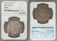 Republic "Paris Commune" 5 Francs 1871-A AU53 NGC, Paris mint with trident privy mark, KM823, Gad-744. 'Trident' privy mark. A key French issue of the...