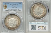 Republic 5 Francs 1873-A MS66 PCGS, Paris mint, KM820.1, Gad-745a. Excellent luster with central silvery surfaces turning to multihued iridescent tone...