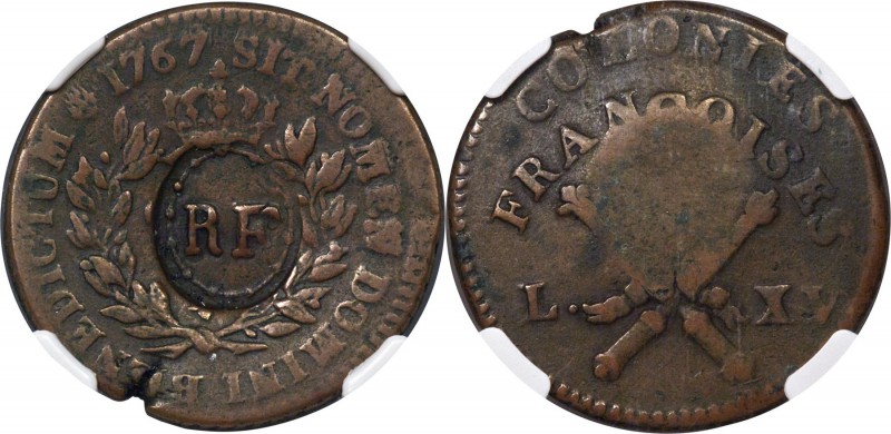 French Colonies. Louis XV Counterstamped Sou (12 Deniers) 1767-A VF20 Brown NGC,...