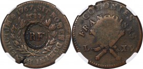 French Colonies. Louis XV Counterstamped Sou (12 Deniers) 1767-A VF20 Brown NGC, KM6, Red Book p. 55. A mid-grade example with reddish-brown patina. A...